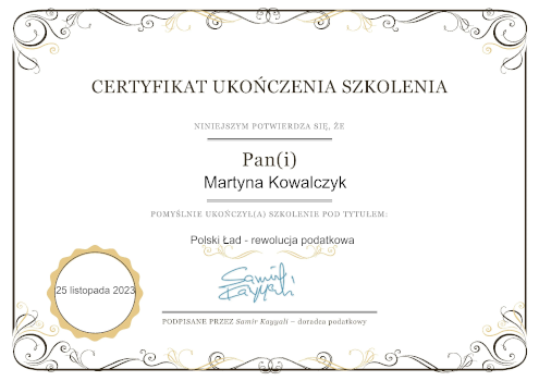 Certyfikat ze szkolenia Polski Ład
